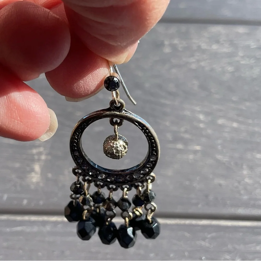 Vintage Dangle Earrings pierced black beads crystal 2” long